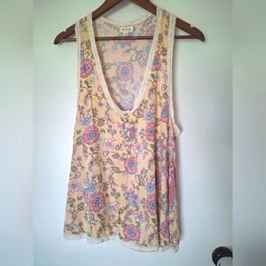 POL Light Yellow Tank Top with Floral Design And Flower Buttons Small Boho Style